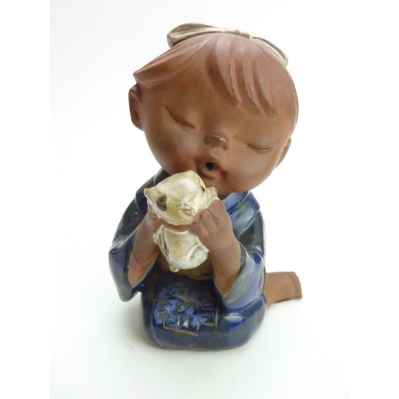 Vintage 1970s Japan Glazed Terracotta Girl with Cat - Picture 1 of 6